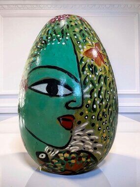 Mexican Terra Cotta Clay Folk Art Egg Hand Crafted Painted Multi Colors Signed